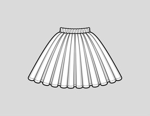 Flared mini skirt with a smocked elastic waist. Technical flat sketch. Vector illustration.