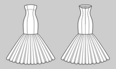 Floor-length close-fitting mermaid dress with strapless straight across neckline, mid-open back, gathered voluminous skirt, back zip clasp. Back and front. Technical flat sketch, vector.