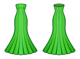 Maxi bright green mermaid dress with strapless straight across neckline, mid-open back, back zip clasp. Gored bodycon sleeveless dress with flared hemline. Back, front. Technical flat sketch, vector.