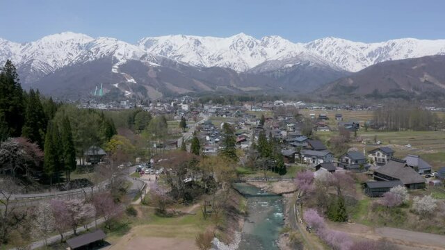Aerial view of Hakuba Japan in spring with cherry blossoms
