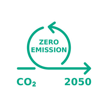 Zero emission by 2050. Carbon neutral concept. Crossroad CO2 pollution. Circle arrows show reduce in carbon dioxide emission. Environmental friendly industry. Vector illustration, linear, clip art