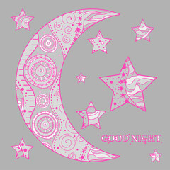 Moon and star with abstract patterns on isolation background. Zen art. Design for spiritual relaxation for adults. Line art creation. Print for polygraphy, t-shirts and textiles. Zentangle