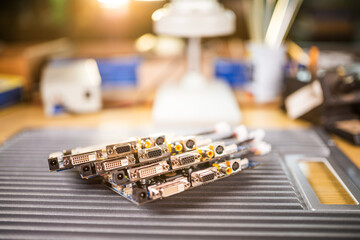 Close-up electric green embedded microcircuits in production