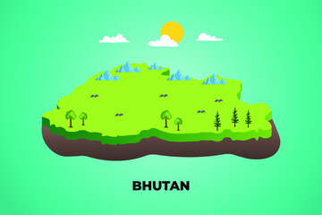 Bhutan 3d isometric map with topographic details mountains, trees and soil vector illustration design