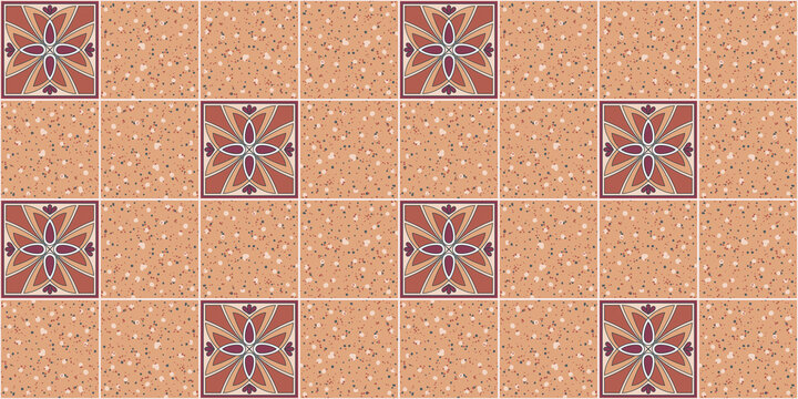 Geometric background square tiles with an ethnic pattern in beige and terracotta colors mixed with marble tiles