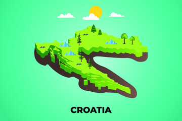 Croatia 3d isometric map with topographic details mountains, trees and soil vector illustration design