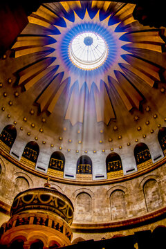 Church of Holy Sepulcher, Anastasis (resurrection) Rotunda over Edicule. A stone edicule (&ldquo;little house&rdquo; &ndash; also written Aedicule). Jerusalem, Israel