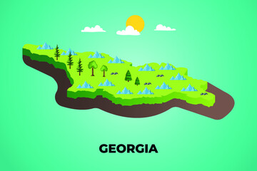  Georgia 3d isometric map with topographic details mountains, trees and soil vector illustration design