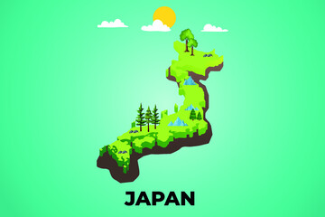 Japan 3d isometric map with topographic details mountains, trees and soil vector illustration design