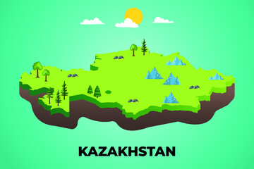 Kazakhstan 3d isometric map with topographic details mountains, trees and soil vector illustration design