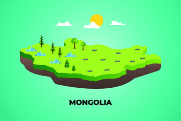 Mongolia 3d isometric map with topographic details mountains, trees and soil vector illustration design