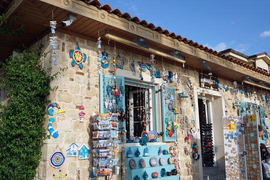 Side / Turkey - October 16 2019: Gift and souvenir shop in Side. Holidays in Turkey. Vivid memories of an unforgettable vacation from sunny Turkey.