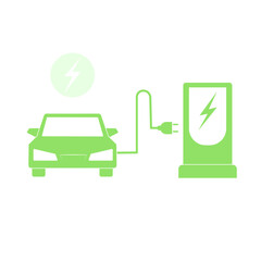 Vector illustration of electric powered car and charging point icons style.