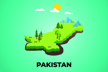 Pakistan 3d isometric map with topographic details mountains, trees and soil vector illustration design