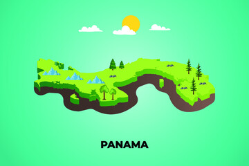 Panama 3d isometric map with topographic details mountains, trees and soil vector illustration design