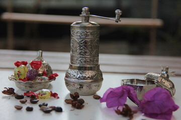 old engraved copper coffee pot