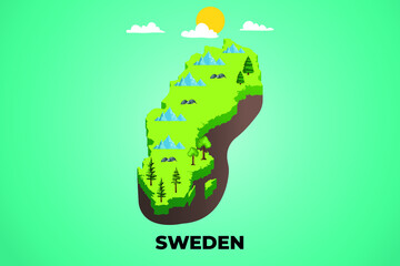 Sweden 3d isometric map with topographic details mountains, trees and soil vector illustration design