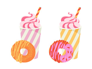 Paper cup with a straw. Ice cream, milkshake. Juice, cocktail, smoothie. A doughnut with frosting. A doughnut with frosting. 