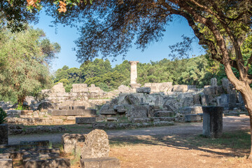 Temple of Zeus in the most prominent position of the sanctuary in the archaeological site of Olympia in Greece