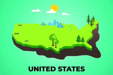 United States 3d isometric map with topographic details mountains, trees and soil vector illustration design