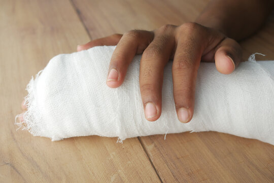 injured painful hand with bandage 