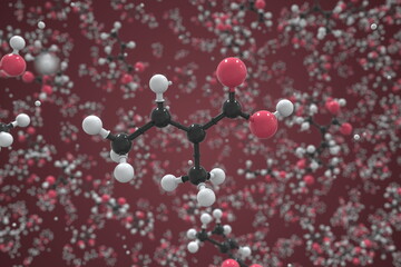 Tiglic acid molecule made with balls, conceptual molecular model. Chemical 3d rendering