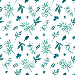 seamless watercolor pattern of stylized spring herbs, leaves and twigs.
