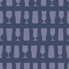 Horizontal Stripes of Beverage Glasses Silhouettes. Vector Seamless Pattern. Greyish Blue Background with Purple Silhouette of Beverage Glasses. Graphic for Packaging, Branding, Flyer, Wrapping Paper 