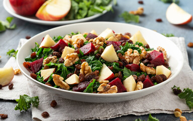 Kale salad with apple, beetroot, walnut and raisins in white plate. Healthy food