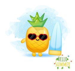 Cute doodle pineapple playing surf cartoon character Premium Vector