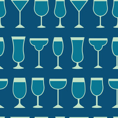 Seamless Background with Rows of Cocktail Glasses. Vector Illustration of Different Cocktail Glassware. Martini-Margarita-Flute-Wine-Hurricane-Coupe-Milkshake Glasses. For Wallpaper, Banner, Menu