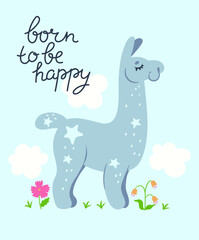 Poster for nursery with a llama. Vector graphics.