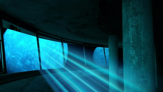 Animated fantasy environment with a blue planet to be seen through an abandoned building 