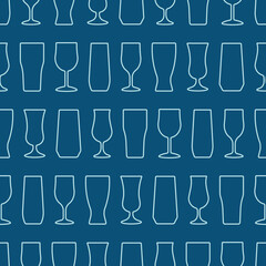 Vector Seamless Pattern with Beverage Glasses Lineart. Horizontal Stripes of Beverage Glasses Contours on Blue Background. For Menu, Brochure, Leaflet, Product Packaging, Wrapping, Wallpaper, Fabric