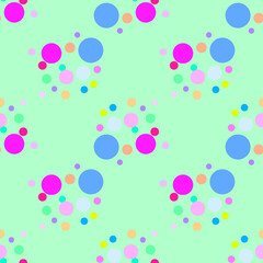 Seamless pattern with multi-colored yellow, orange, green, pink, purple, blue bright circles on a green background. Use for fabric, textile, napkins, packaging, web design, children's things.