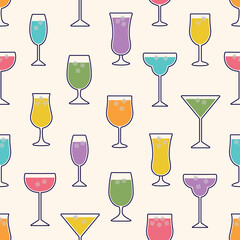 Colorful Drinks and Cocktails Seamless Vector Pattern. Alcoholic Beverages in Different Glassware. Martini, Margarita, Flute, Wine, Hurricane, Coupe, Milkshake Glasses. For Wallpaper, Textile, Bar