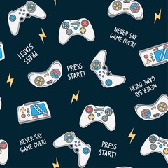 Vector Seamless pattern with joysticks gamepad illustration and slogan text, for t-shirt prints and other uses. © cddesign.co