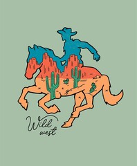 Western theme, a cowboy on  horse. Vector illustration for t-shirt prints, posters, and other uses. - obrazy, fototapety, plakaty