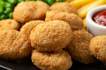 Fried crispy chicken nuggets with ketchup, french fries and green peas in black plate