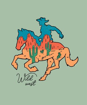 Western Theme, A Cowboy On  Horse. Vector Illustration For T-shirt Prints, Posters, And Other Uses.