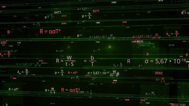 Background with mathematical equations and numbers in computer. Animation. Screen saver for students and scientists with mathematical formulas on black background