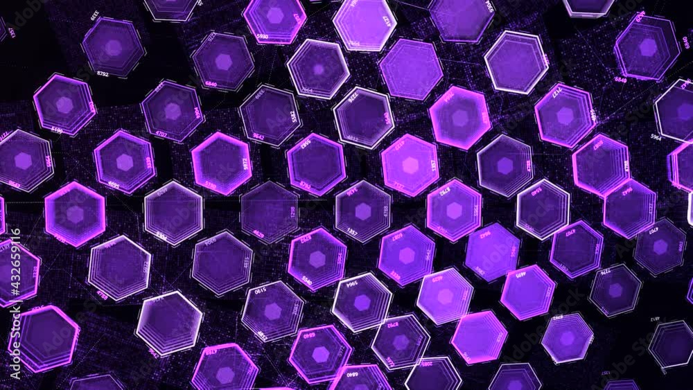 Poster Structure of luminous hexagons. Animation. Colored neon hexagons pulse on black background. Futuristic three-dimensional hexagon background