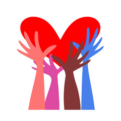 Many hands are holding hearts. A close-knit community, a symbol of love, support, protection. Different nationalities together for teamwork, unity or diversity. Vector flat illustration