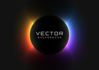 Abstract background with vivid neon colorful light behind the black circle. Eclipse concept. Design of banner, poster, flyer for cybersport, and advertising. Vector