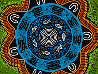 Fish in the river aboriginal dot art background