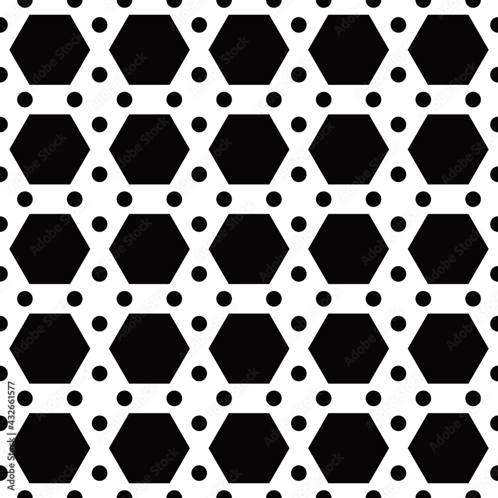 Poster Hexagons and dots pattern. Seamless vector black shapes pattern. Vector.