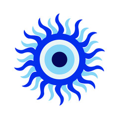 Blue eye. Turkish amulet against the evil eye. Guardian Nazar. An attribute of traditional magic. The blue sphere with rays looks like the sun. Vector graphics.