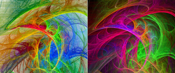 Multi-colored arcs are randomly arranged against a blurred colorful background. Set of abstract fractal backgrounds with membranes. 3d rendering. 3d illustration.