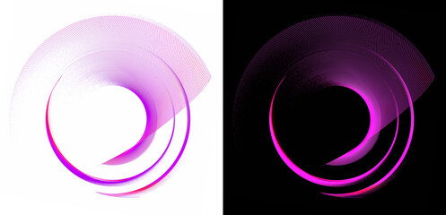 A purple transparent striped fan spins in a spiral on white and black backgrounds. Graphic design elements set. Logo, sign, icon, symbol. 3d rendering. 3d illustration.