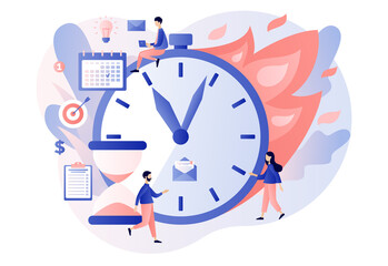 Deadline concept. Time management and productivity. Tiny people organize workflow, effective time spending. Big clock in fire. Modern flat cartoon style. Vector illustration on white background